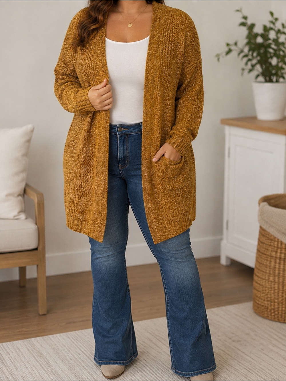 Caramel Brown Open-Front Knit Cardigan – Size M/L